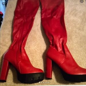 Forever 21 Red Heeled Boots with Chunky Heel and Platform